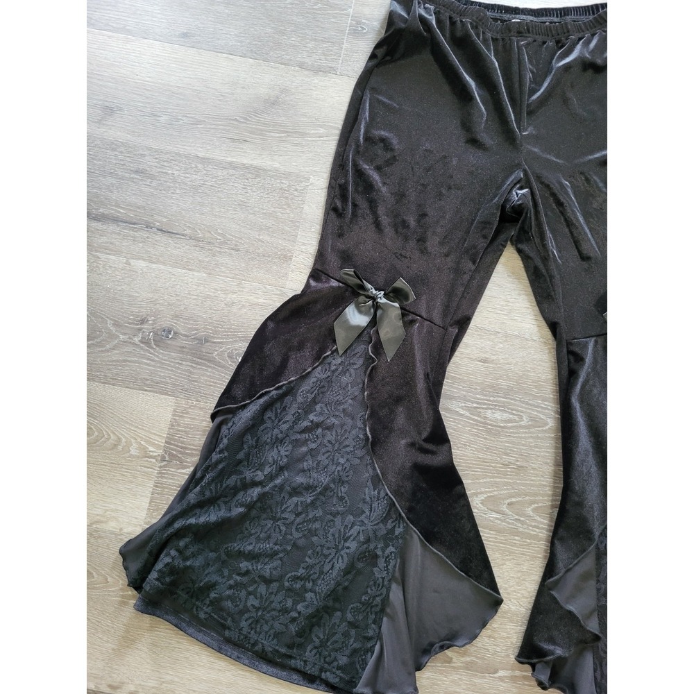 Black Stretch Velvet Lace Bow Whimsigoth Fairygrunge Pull On Wide Leg Pants 2X - Picture 2 of 6